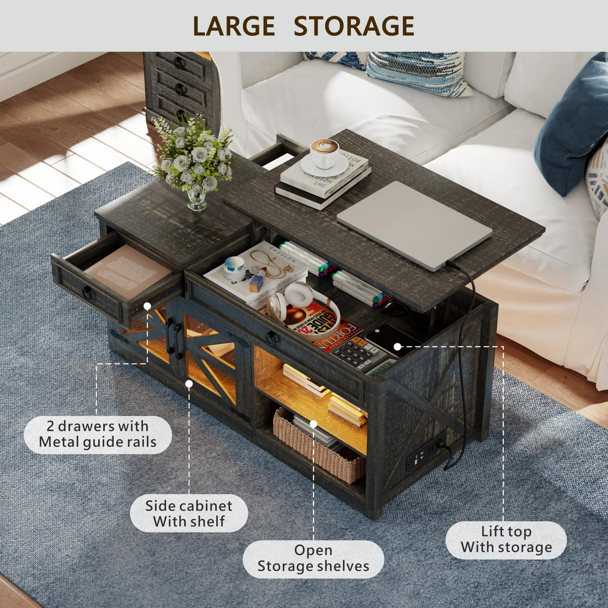 Lvifur 48" W Farmhouse Lift Top Coffee Table with LED Lights & Charging Station, Living Room Center Table with 2 Hidden Storage Compartments, Lifting Tabletop and Adjustable Shelf (Dark Rustic Oak) Lvifur