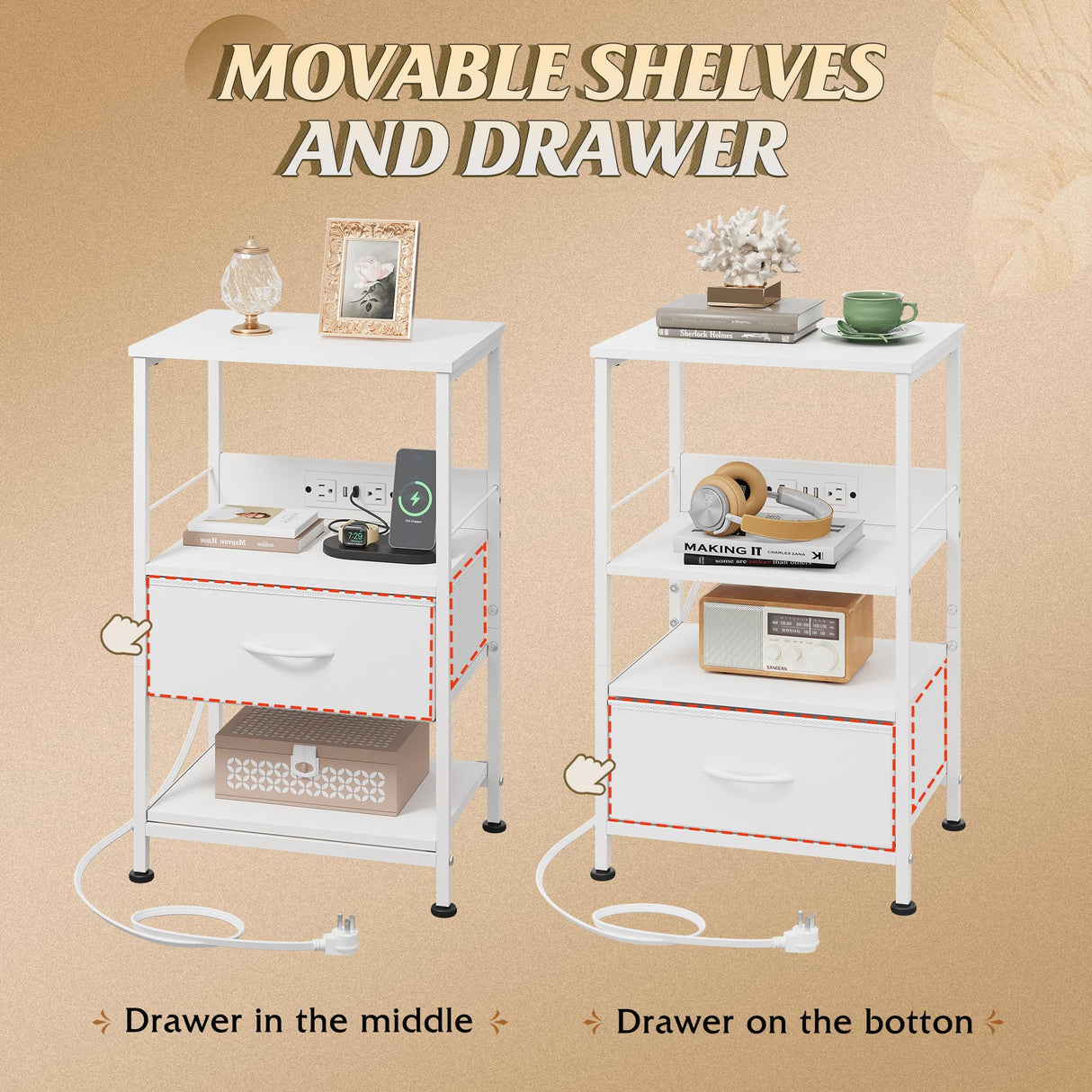 WLIVE White Night Stand with Charging Station, LED Nightstand with Adjustable Fabric Drawer, 3-Tier Storage Bedside Table, Small End Side Tables for Bedroom WLIVE