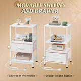 WLIVE White Night Stand with Charging Station, LED Nightstand with Adjustable Fabric Drawer, 3-Tier Storage Bedside Table, Small End Side Tables for Bedroom WLIVE