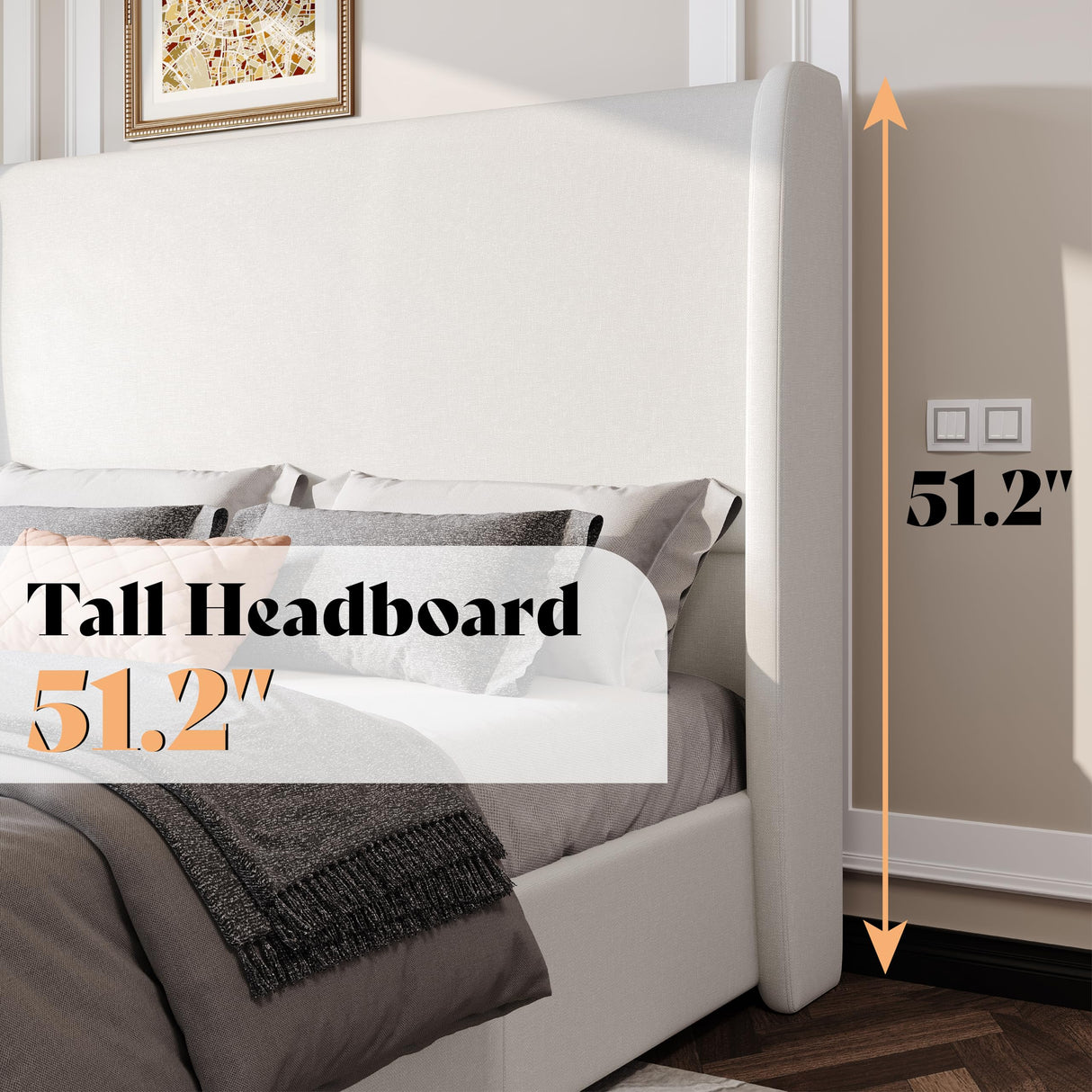 AMERLIFE Lift Up Storage Bed King Size Linen Upholstered Platform Bed Frame, Hydraulic Storage,Modern Wingback Headboard, No Box Spring Needed, White AMERLIFE