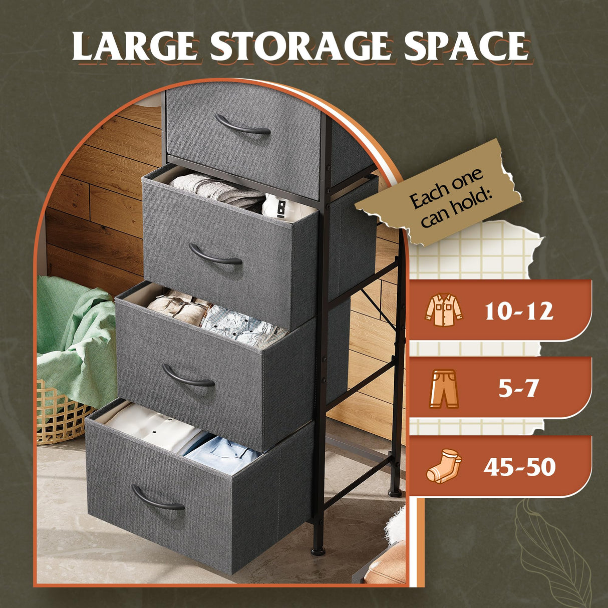 WLIVE Fabric Dresser, 5-Drawer Tall Dresser for Bedroom, Storage Dresser Organizer with Fabric Bins, Wood Top, Sturdy Steel Frame, Chest of Drawers for Closet, Hallway, Dark Grey WLIVE