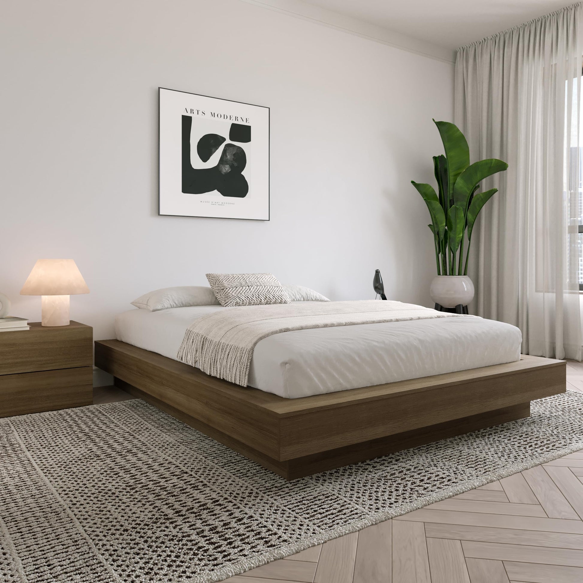 Nexera Marconi Brown Oak Platform Bed Frame with Minimalist Design - WoodArtSupply