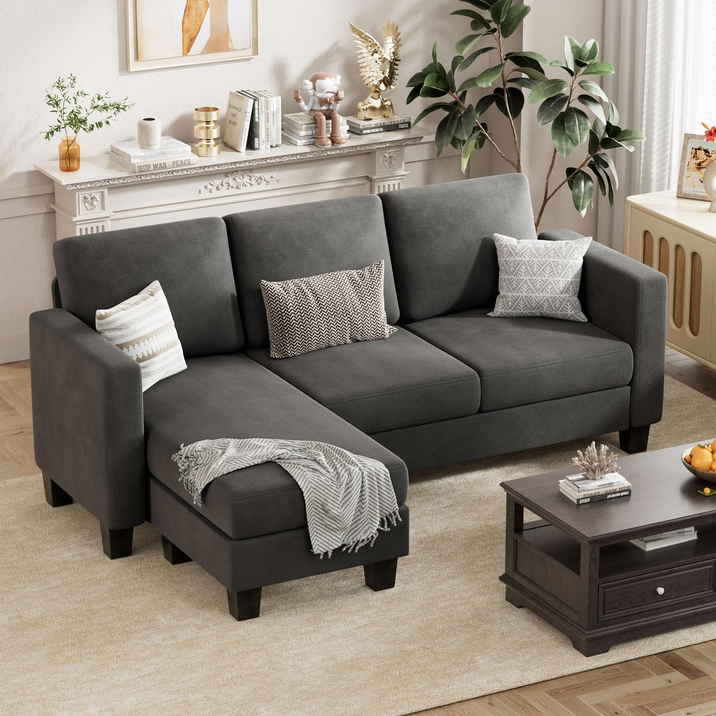 VICTONE Convertible Sectional Sofa Couch, 3 Seat L-Shaped Sofa with Linen Fabric Ottoman Small Couch for Small Apartments, Living Room and Office (Dark Gray)