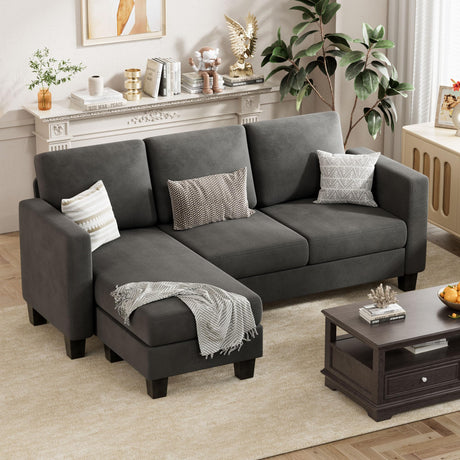 VICTONE Convertible Sectional Sofa Couch, 3 Seat L-Shaped Sofa with Linen Fabric Ottoman Small Couch for Small Apartments, Living Room and Office (Dark Gray) VICTONE