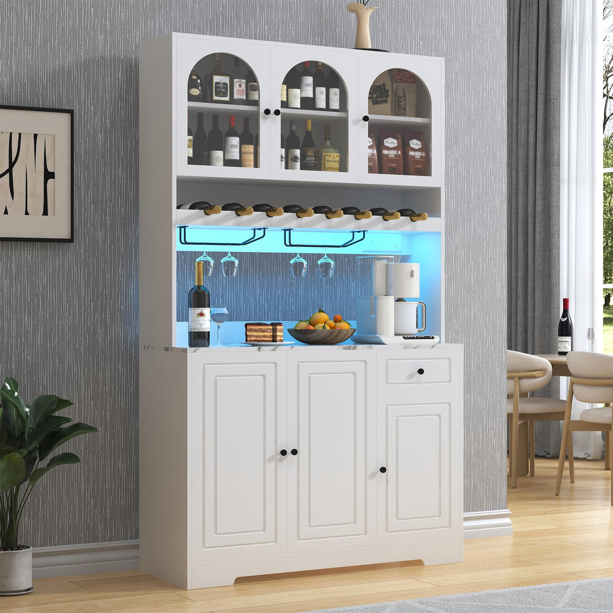 kepptory 72" Coffee Bar Cabinet w/Large Acrylic Wine Display Areas and LED, Wine Bar Cabinet with Long Rack, Storage Hutch, Faux Marble Countertop, for Home Dining Room Kitchen, White kepptory