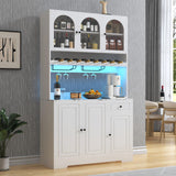 kepptory 72" Coffee Bar Cabinet w/Large Acrylic Wine Display Areas and LED, Wine Bar Cabinet with Long Rack, Storage Hutch, Faux Marble Countertop, for Home Dining Room Kitchen, White kepptory