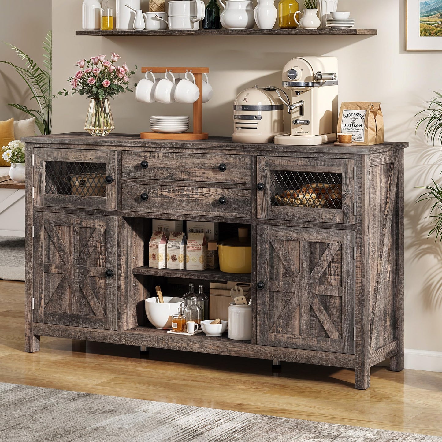 YITAHOME 59" Sideboard, Farmhouse Buffet with Storage, Kitchen Cabinet with 2 Large Drawers & Visual Grid Door, Coffee Bar Cabinet with Barn Door for Living Room, Dark Rustic Oak