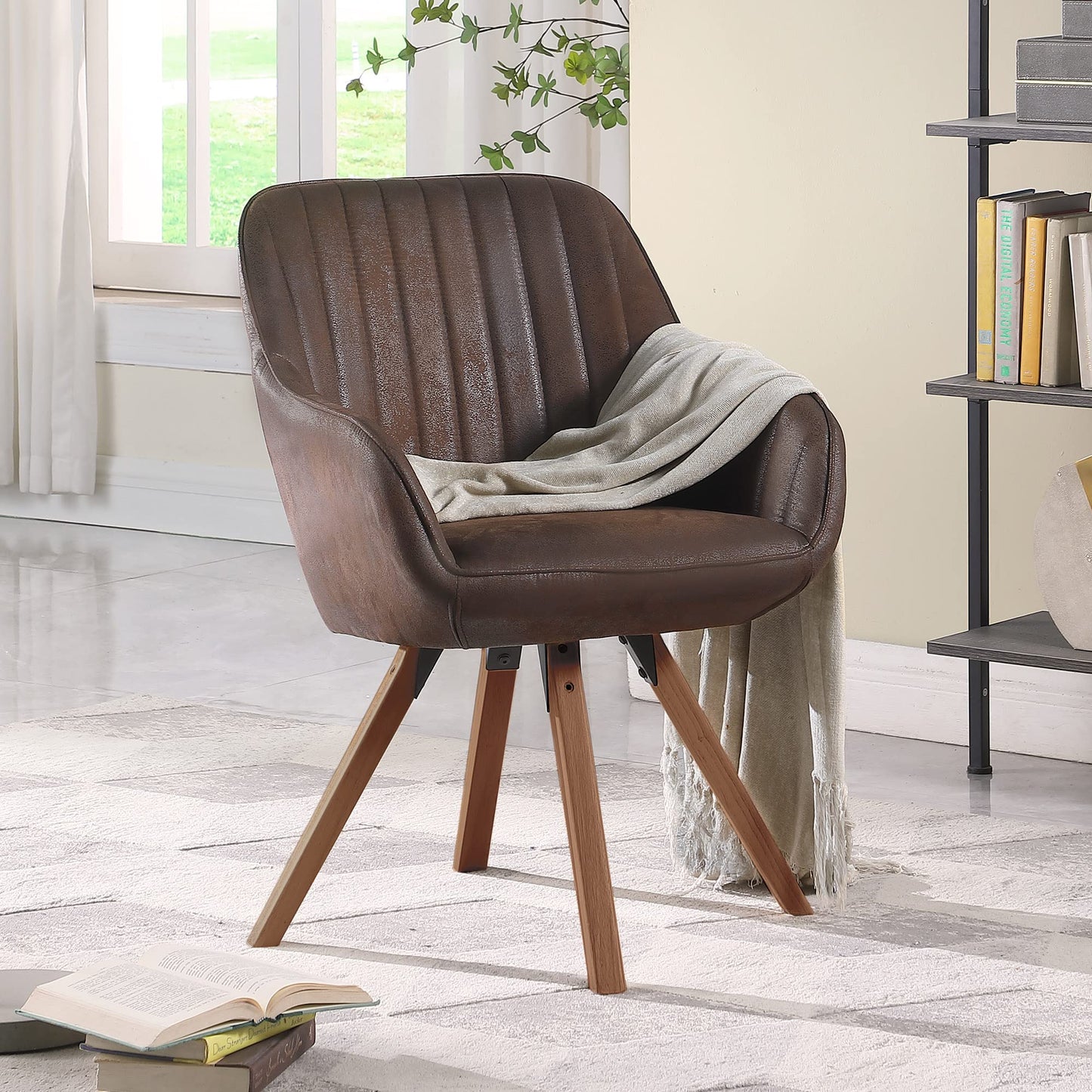 KithKasa Mid Century Modern Desk Chair No Wheels Swivel Accent Home Office Chair with Walnut Color Wood Legs for Living Room, Brown - WoodArtSupply