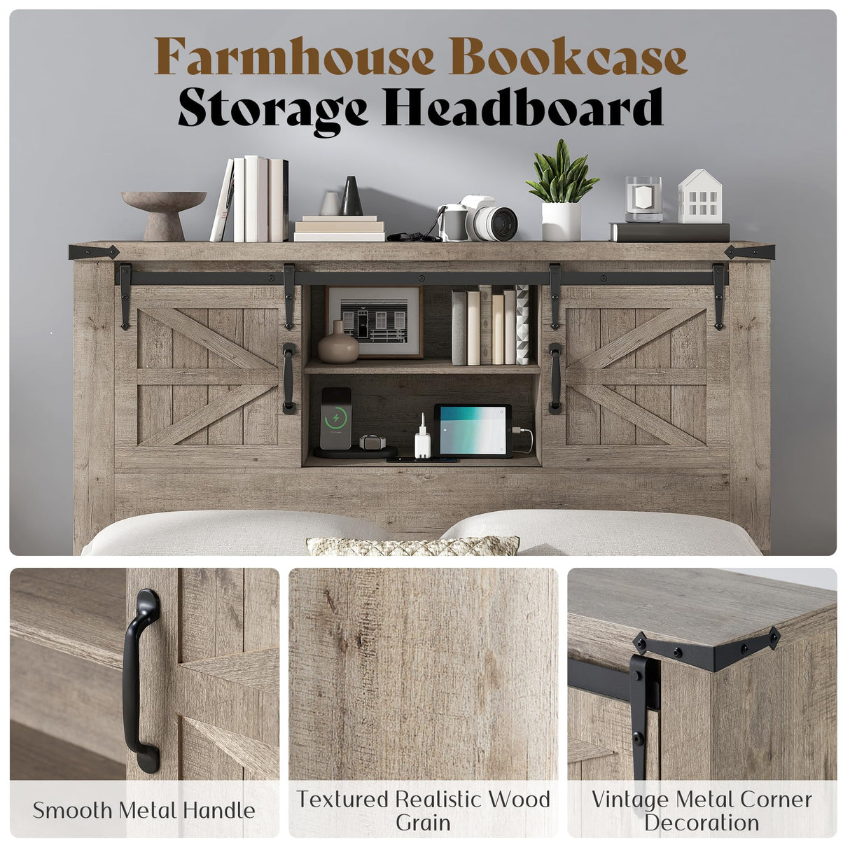 AMERLIFE Farmhouse Full Bed Frame with Storage Headboard & Charging Station, Rustic Wood Platform Bed with Barn Door Bookcase, No Box Spring Needed, Light Grey Bedroom Furniture AMERLIFE