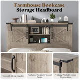 AMERLIFE Farmhouse Full Bed Frame with Storage Headboard & Charging Station, Rustic Wood Platform Bed with Barn Door Bookcase, No Box Spring Needed, Light Grey Bedroom Furniture AMERLIFE