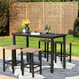 PHI VILLA 5 Piece Patio Bar Set, Black Wood Grain Metal Bar Table & 4 Wicker High Bar Stools, Bar Height Outdoor Dining Set for Porch, Yard, Deck, Poolside PHI VILLA