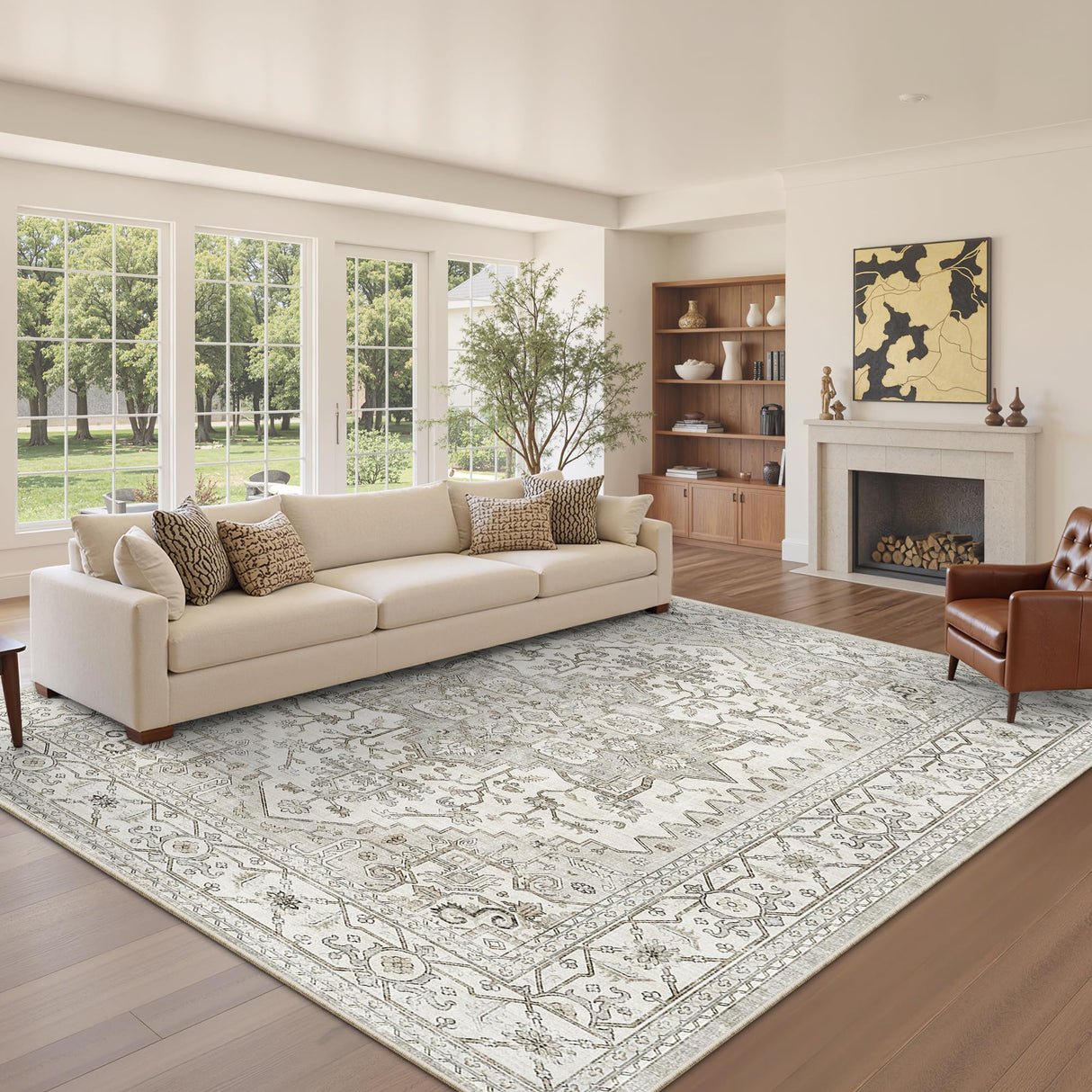 Area Rugs for Living Rooms - 6x9, Boho Non-Slip Low Pile Carpet Machine Washable Rugs for Bedroom, Farmhouse, Office, Dining Room (Beige) befbee