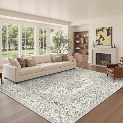 Area Rugs for Living Rooms - 6x9, Boho Non-Slip Low Pile Carpet Machine Washable Rugs for Bedroom, Farmhouse, Office, Dining Room (Beige)