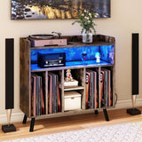 DWVO Large Record Player Stand, Turntable with Power Outlets & LED Lights, Vinyl Record Player Table with Album Storage, Turntable Stand with Record Storage Shelf for Living Room, Brown DWVO