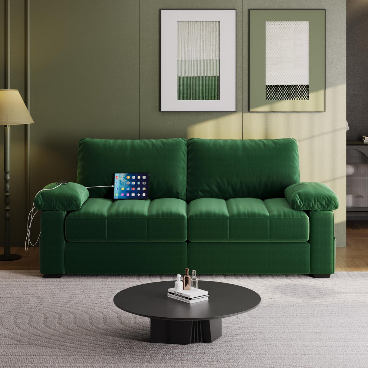 Yaheetech 79" Velvet Modern Sofa Couch with Storage Pockets and USB Ports, 2 Seater Comfy Loveseat Sleeper with Removable Armrest Pillow & Cover for Living Room, Apartment, Bedroom, Green Yaheetech