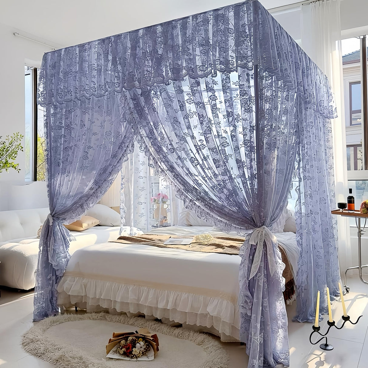 Stainless Steel Canopy Bed Frame Queen Size, Sturdy Post Poles Thicken Queen Size Canopy Frame for Metal Bed Wood Bed Bedroom Decor, Black Jondow