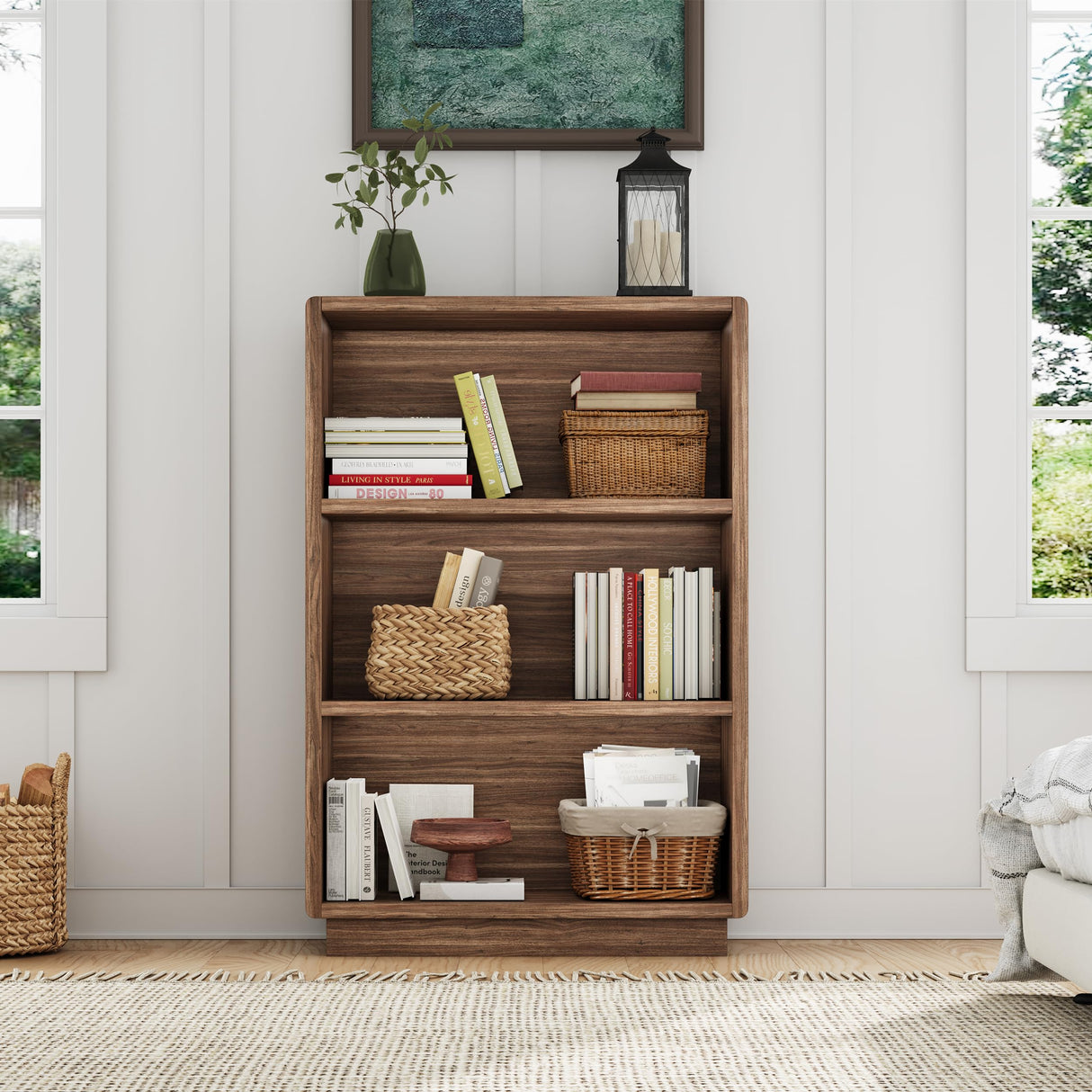 ChooChoo 3-Tier Bookcase, Wooden Bookshelf, Farmhouse Bookshelf with Open Storage, Tall Bookcase for Bedroom and Home Office, Brown Walnut ChooChoo