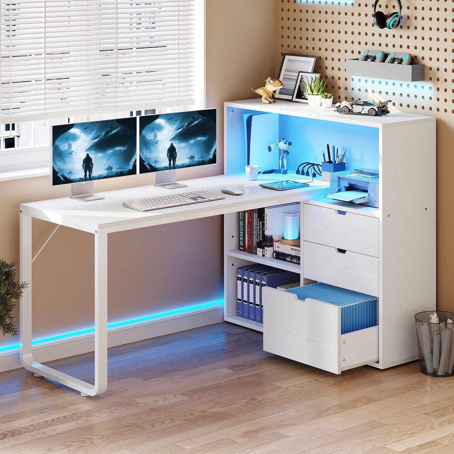 YITAHOME 55" L Shaped Computer Desk with Power Outlets, LED Lights, File Cabinet & Ample Storage in White