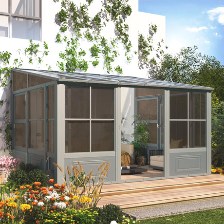 EROMMY 10' x 12' Sunroom, Wall Mounted Gazebo Solarium with Aluminum Frame, Polycarbonate Roof, Permanent Sun Room with Sliding Doors, Lockable PC Screen Walls, Lean to Gazebo for Garden, Patio, Deck EROMMY