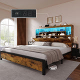 YITAHOME Queen Size Bed Frame with Storage Bookcase Headboard & RGB LED Lights, Slide Out Bedside Storage, Charging Station, Heavy Duty Metal Slats, No Box Spring Needed, Noise-Free, Rustic Brown YITAHOME