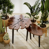 BAMEOS Monstera Leaf Nesting Tables Set of 2, Small Side Tables f Set with Leaf Vein Pattern, Modern Wooden CoffeeTables for Living Room Bedroom Apartment Balcony Yard BAMEOS