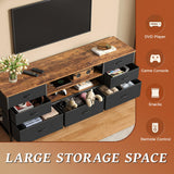 Huuger TV Stand Dresser with Power Outlets and LED Lights, 7 Drawers Entertainment Center for 60 Inch TV, TV Console with Open Shelf, 55 Inches Wide Fabric Dresser, PU Leather, Rustic Brown and Black Huuger