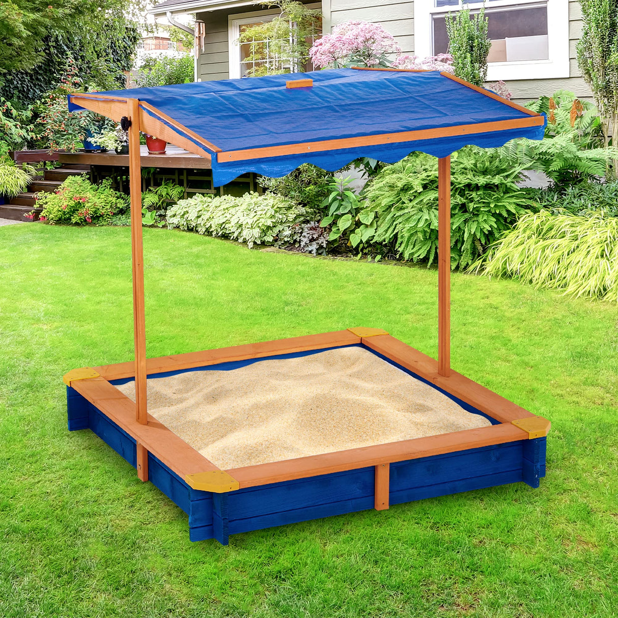 Teamson Kids Outdoor 46 in. x 46 in. Spruce Sand Box with Adjustable Canopy and 300 lb. Sand Capacity, Blue and Wood Teamson Kids
