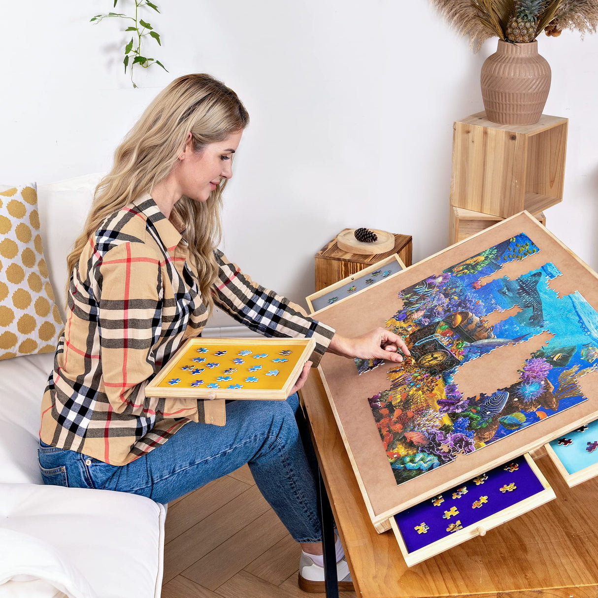 Becko US 1500-Pc Tilting Jigsaw Puzzle Board with 4 Colorful Drawers & Cover, Adjustable Puzzle Table with Built-in Easel/Stand, Portable Tables with Storage for Adults, with Premium Flannel Tabletop Becko US