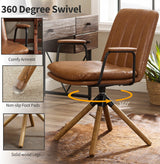 Zouron Swivel Mid Century Modern Office Chair, Ergonomic Desk Chair for Living Room, Computer Chair PU Leather Home Office Chair with Oak Wood Legs, Yellow Brown, No Wheel Zouron