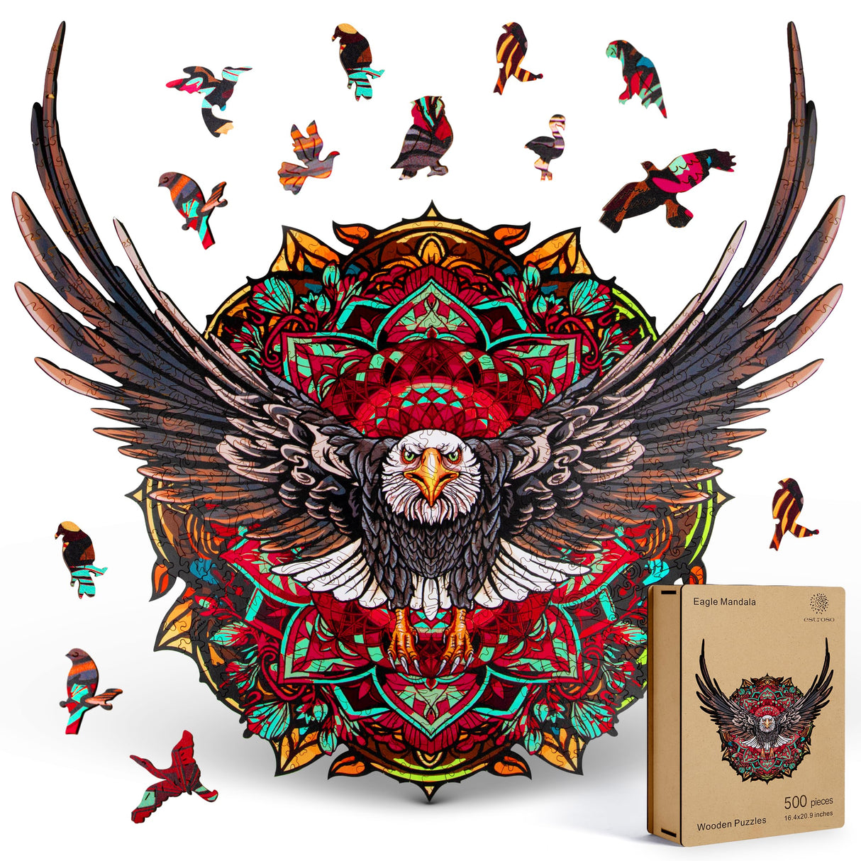 ESTROSO Wooden Puzzles for Adults - Bald Eagle Mandala 500 Piece Wooden Jigsaw Puzzle - 20.9x16.4 Inches - Giftable Wooden Box and Carrying Bag - Challenging Wooden Jigsaw Puzzles ESTROSO