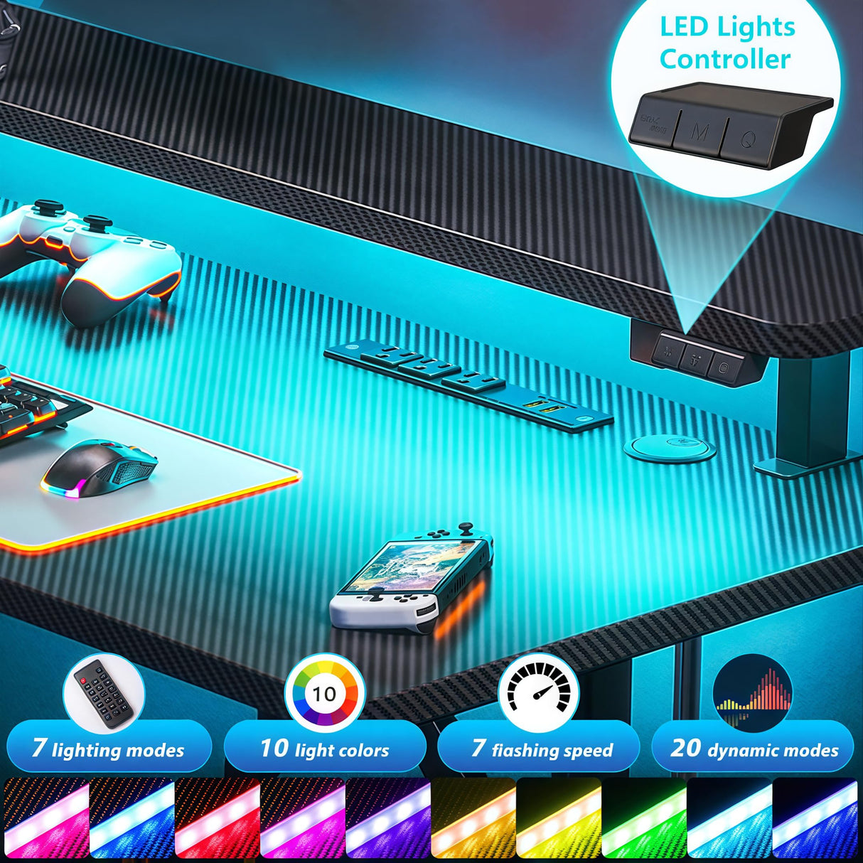 MOTPK Gaming Desk with LED Lights & Power Outlets, 47 Inch Computer Desk Gaming Table with Monitor Shelf, Gamer Desk with Carbon Fiber Texture, Kids Boys Desk Gift for Men MOTPK