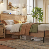 LINSY Wood Bed Frame, Full Bed Frame with Headboard LED, Wooden Platform Frames with Charging Station, No Box Spring Needed, Easy Assembly, Rustic Brown LINSY