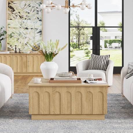 FORTUNETEC Lift Top Coffee Table with Storage, Modern Coffee Table with Arched Design, 31.5" Square Tea Table with Wood Grain, Boho Multifunctional Center Table for Living Room, Office, Oak FORTUNETEC