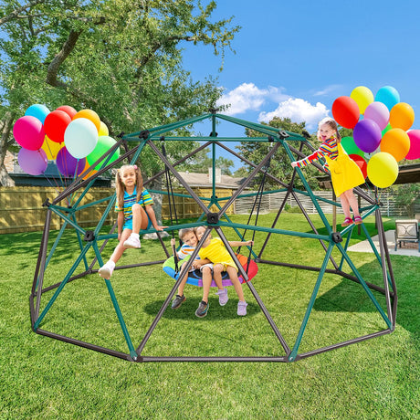 Hapfan 10 ft Climbing Dome Swing Set with Saucer Swing, Jungle Gym for Kids Outdoor Backyard, Supports 800lbs, Easy Asssembly, Rust-Resistant Outdoor Playset for Ages 3-8 8-12 (Green and Brown) Hapfan