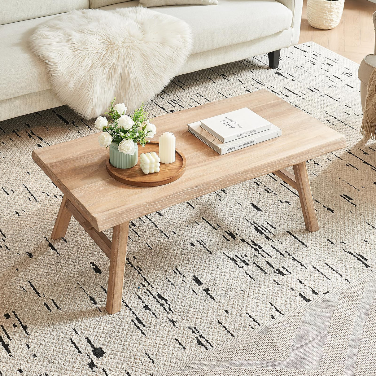 Wnutrees 43" Farmhouse Solid Wood Coffee Table, Rustic Rectangular Center Table for Living Room, Natural Wnutrees