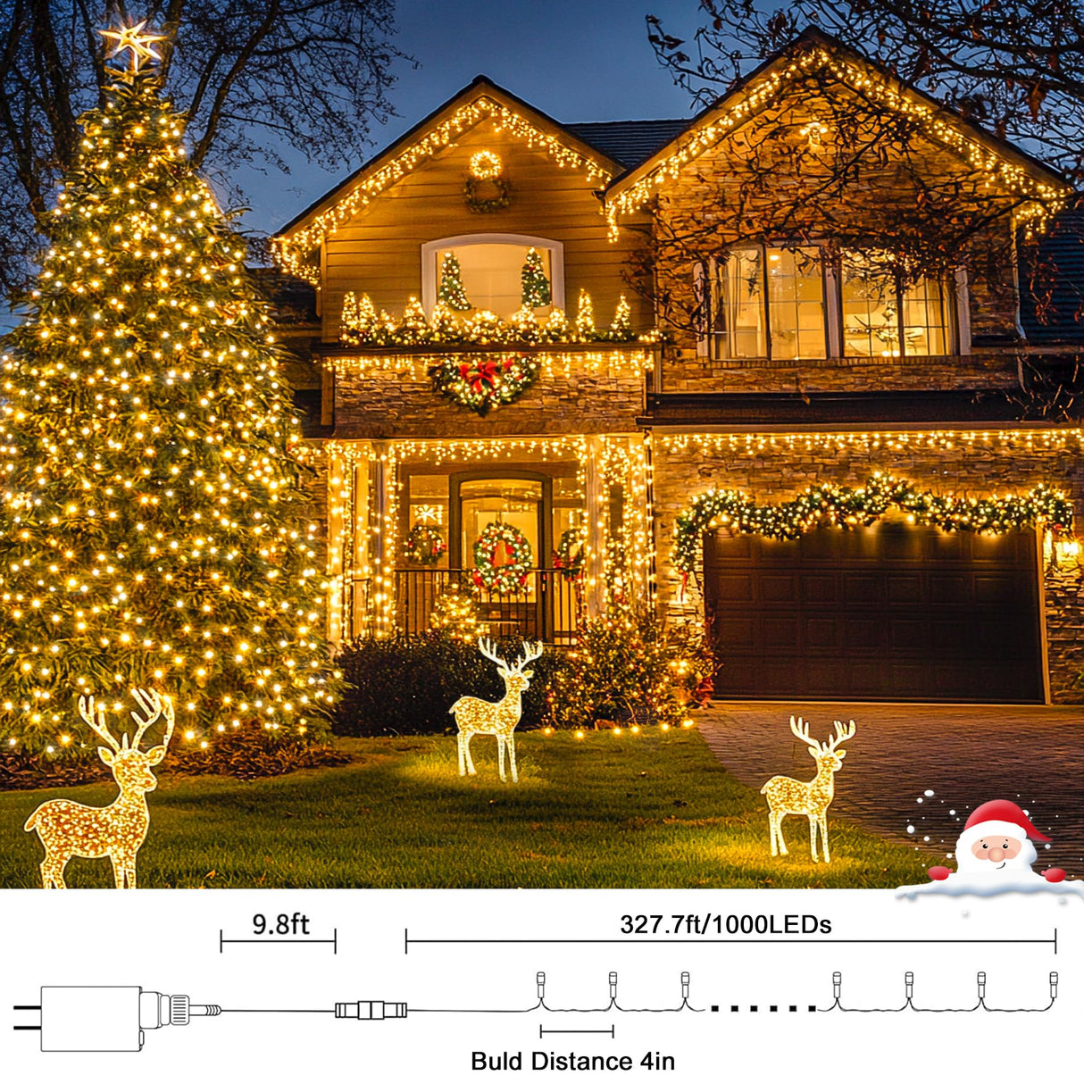 JMEXSUSS 1000 LED Warm White Christmas Lights: 328 Ft Warm String Lights Outdoor Waterproof - 8 Modes Christmas Tree Lights Plug in JMEXSUSS