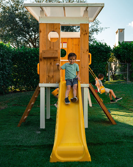 Avenlur Modern Outdoor Backyard Swing Set Children's Rock Climbing Wood Playground Playset 2 Belt Swings, Clubhouse Fort, Windows, Ladder, Wavy Slide Toddlers, Kids Climbers Play Adventure Rock 3-11yr Avenlur