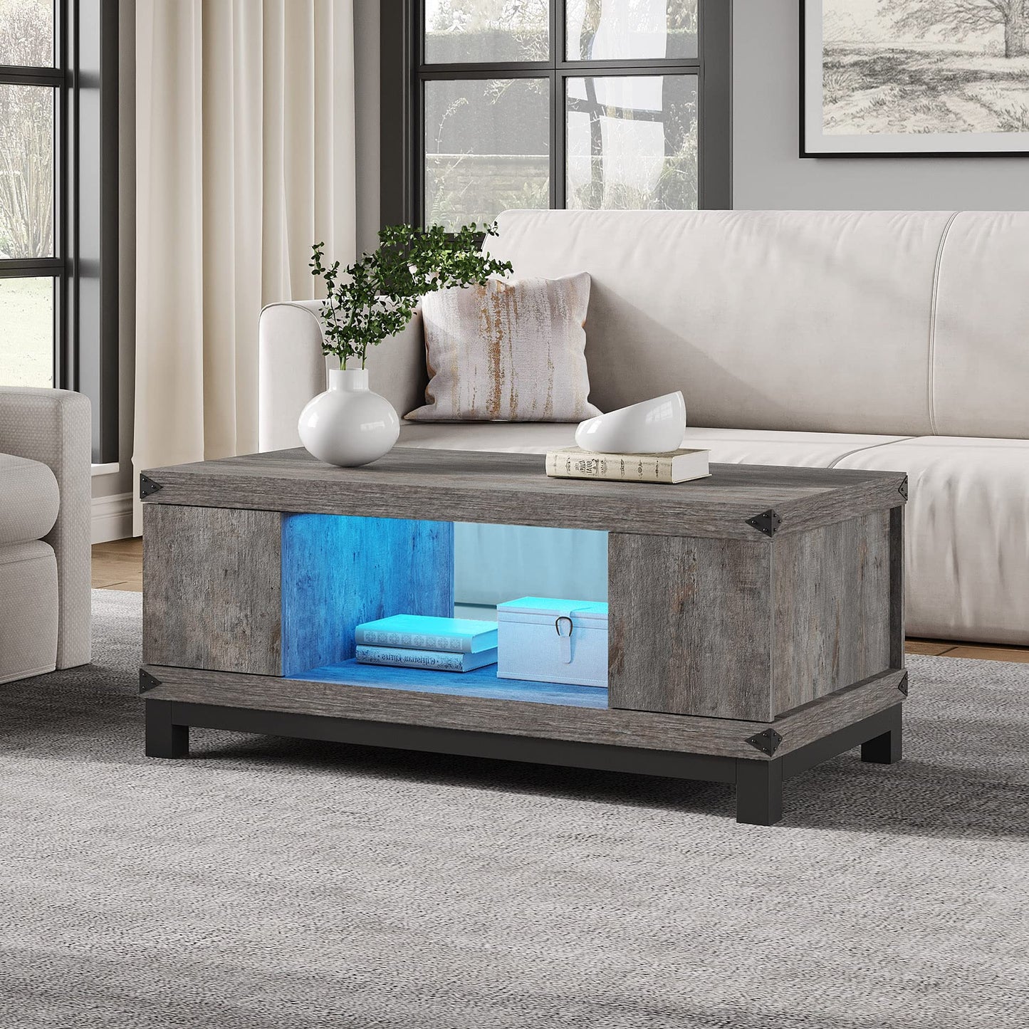 LED Coffee Table with Storage Drawers, Farmhouse Wood Coffee Table for Living Room, Modern Tea Table with Double Storage Shelves, Metal Legs, Grey, 42" - WoodArtSupply