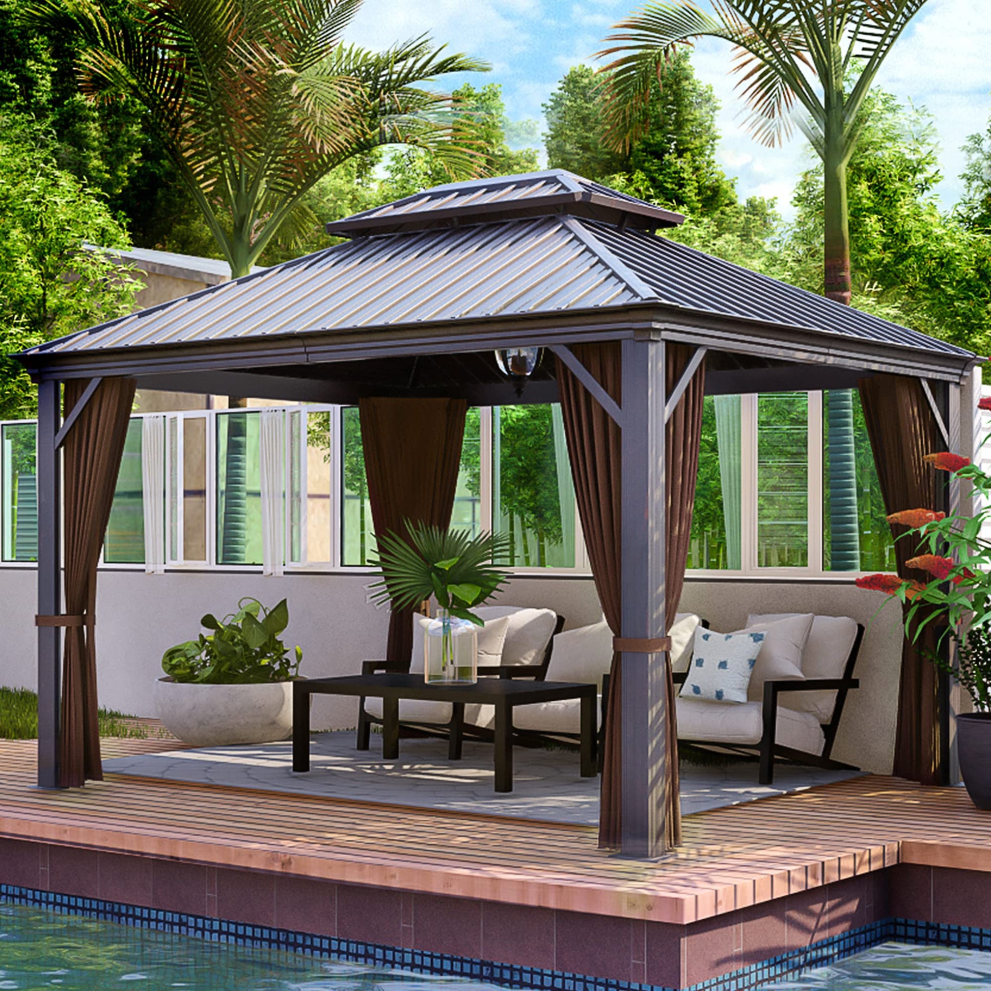 HAPPATIO 10' x 12' Hardtop Gazebo, Gazebo with Netting and Curtains, Double Roof Permanent Patio Metal Gazebo Canopy for Patio, Deck, Backyard (Dark Brown) - WoodArtSupply