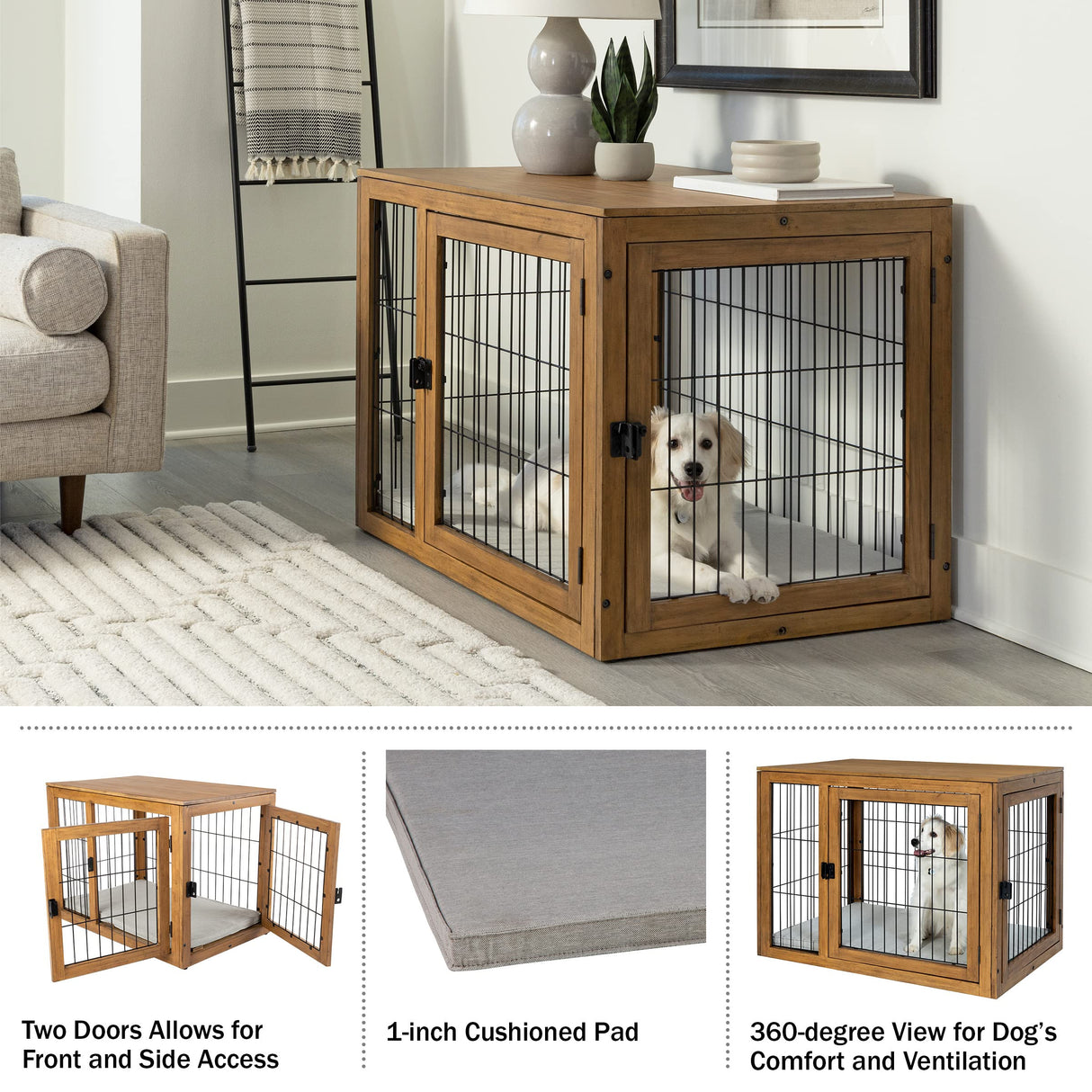 Furniture-Style Dog Crate - Acacia Wood Kennel for Large Dogs with Double Doors and Cushion - Dog Kennel Furniture by PETMAKER (Natural) PETMAKER