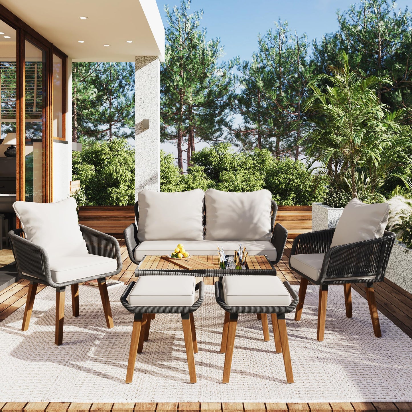 LZ LEISURE ZONE 6-Piece Beige Patio Conversation Set with Acacia Wood Cool Bar Table and Rope Weaving Chairs - WoodArtSupply