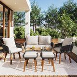 LZ LEISURE ZONE 6-Piece Beige Patio Conversation Set with Acacia Wood Cool Bar Table and Rope Weaving Chairs LZ LEISURE ZONE