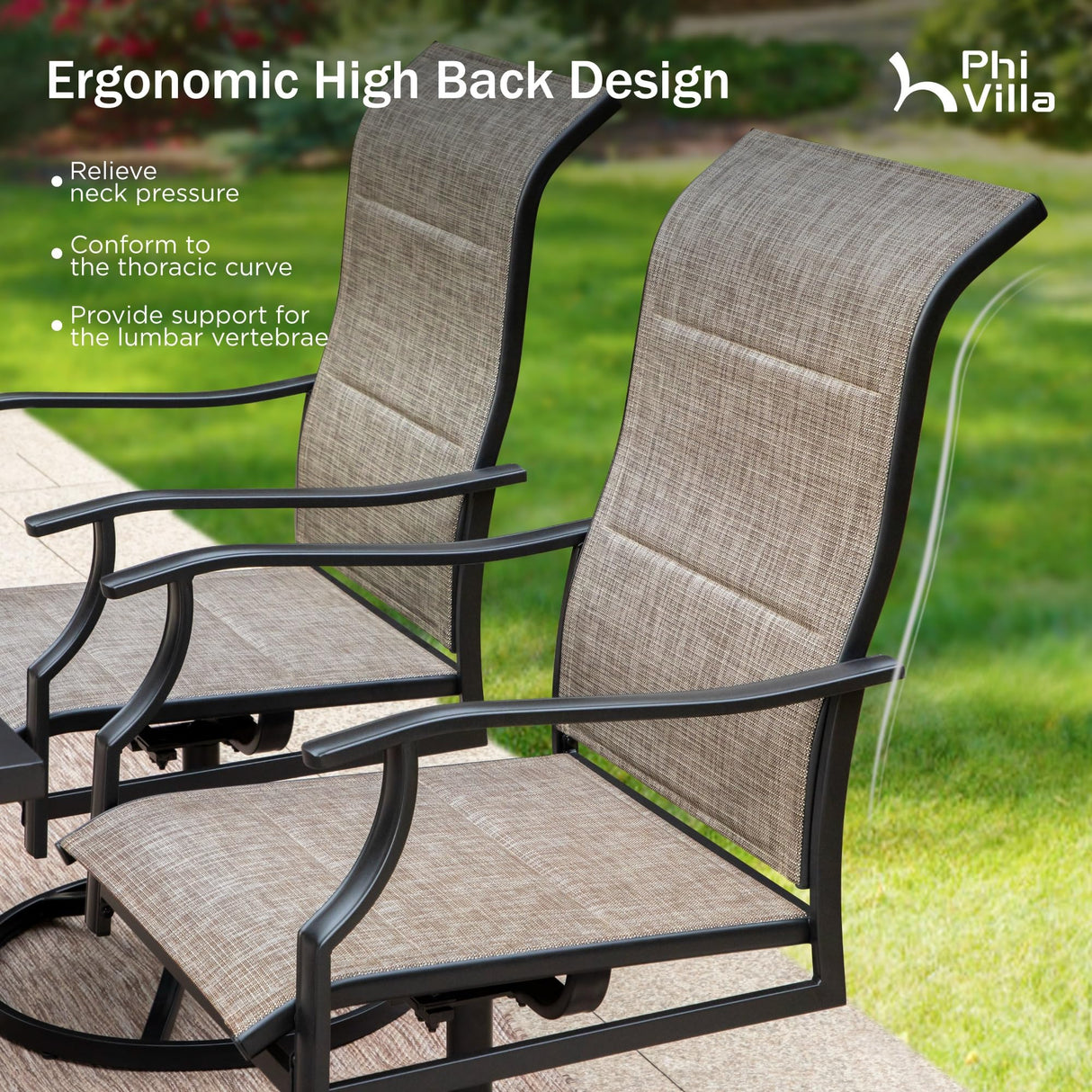 PHI VILLA 9 Pcs Patio Dining Set with Large Square Metal Dining Table & 8 High Back Padded Outdoor Swivel Dining Chairs, Outside Table Chair Furniture Dining Set for 8 Person PHI VILLA