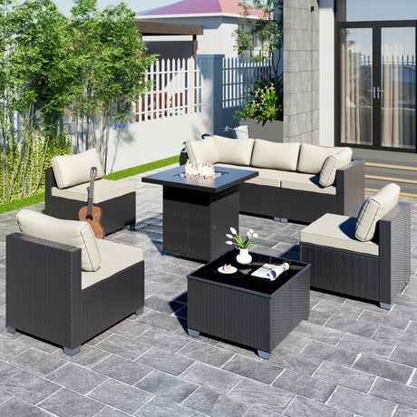 8-Piece Outdoor Patio Sectional Sofa Set with Fire Pit Table – PE Wicker Rattan Modular Conversation Furniture, Cushions & Clips Included – Patio Couch for Porch, Backyard, Poolside, Garden ELEGIBLISS