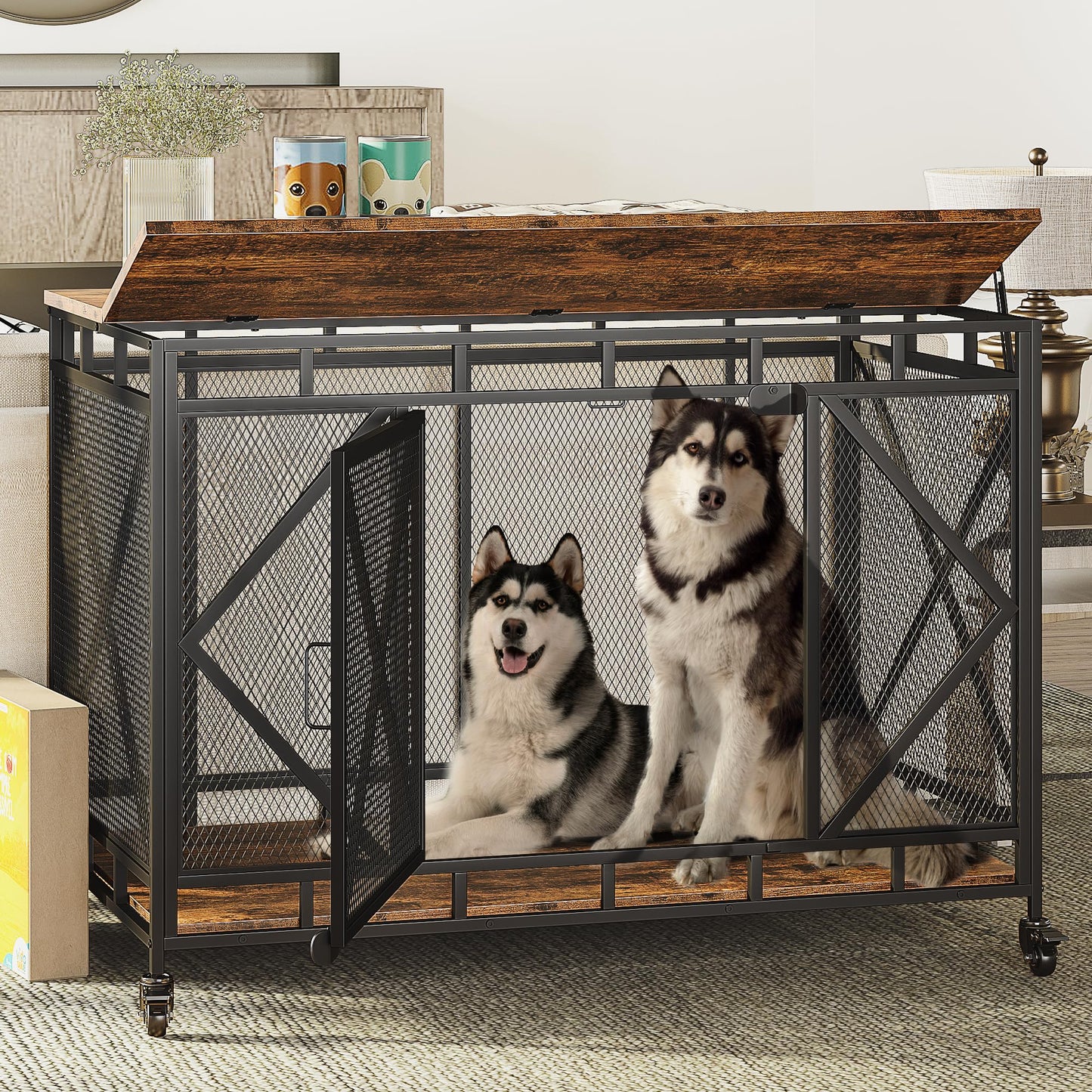 Dog Crate Furniture, 48 Inch Dog Crate for Large Medium Dogs, Wooden Dog Kennel Indoor End Table, Dog Cage Large Dogs with Wheels, Heavy Duty Dog Crate with Flip-Top (Brown) - WoodArtSupply