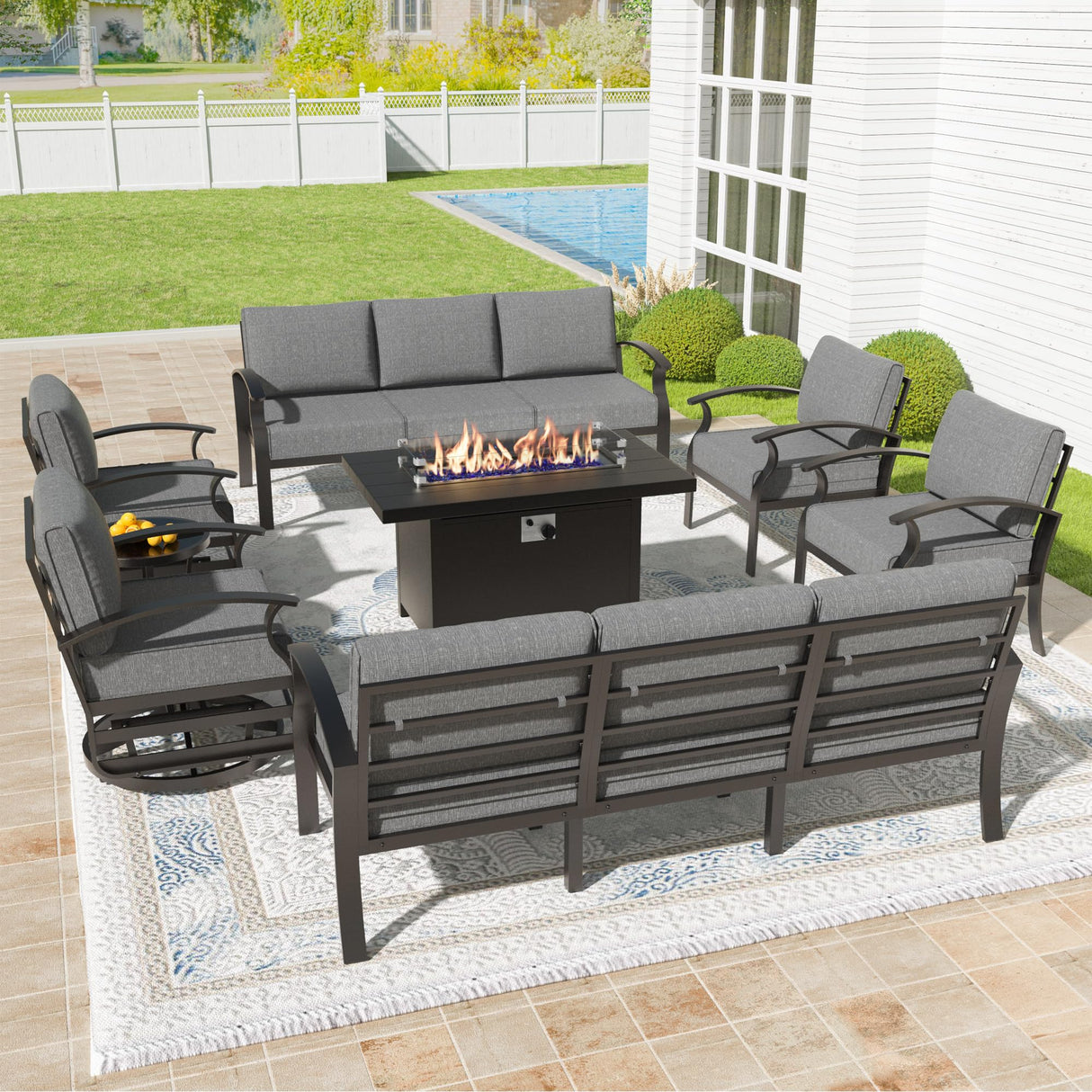 Kullavik Aluminum Patio Furniture Set,8 Pieces 10 Seat Metal Outdoor Furniture Conversation Set w/45 Propane Gas Fire Pit&Swivels,Grey Kullavik