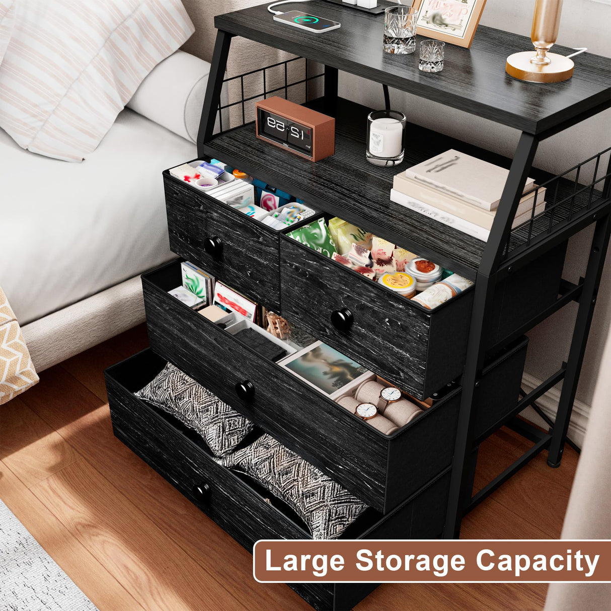 EnHomee Nightstand Set of 2, Night Stand with Charging Station & LED Lights, Bedside Table with 4 Fabric Drawers for Bedroom, Side Table with Outlets and 2 USB Ports, Black EnHomee