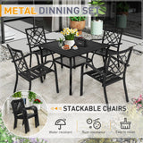 SUNCROWN 5-Piece Outdoor Wrought Iron Chairs and Table Patio Dining Furniture Set - 4 Stackable Metal Chairs, 1 Steel Slat Bistro Table and 1 Brown 9Ft Patio Umbrella for Garden Backyard Deck SUNCROWN