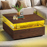 YITAHOME LED Coffee Tables for Living Room, Modern Square Coffee Table with Storage 2 Drawers, Acrylic Glass Coffee Table Farmhouse Wood Center Table, Brown YITAHOME