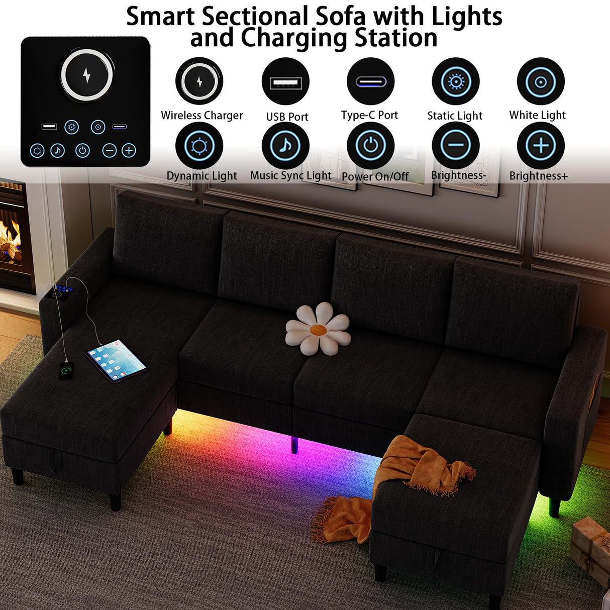 HYZQ Sectional Couches for Living Room, 4 Seat Linen Sectional Sofa with Reversible Chaise Lounge/Storage Ottoman, U Shaped Couch with Smart Module-Wireless Charging/USB/Type-C/RGB Light (Black) HYZQ